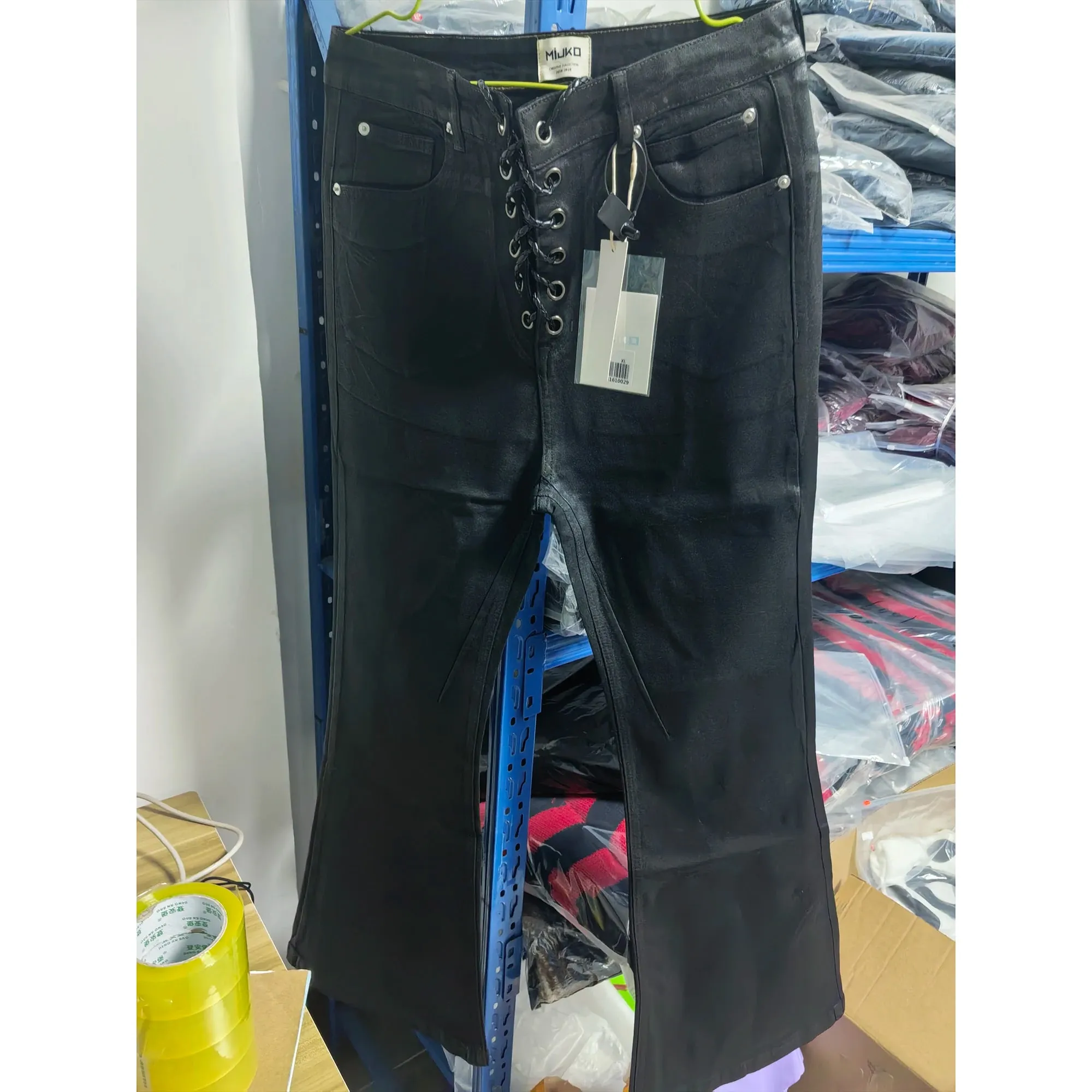 ציפוי בטיק וינטג' שחור Slim Fit Flare ג'ינס גמישות סרט מתיחה Y2k Streetwear קז'ואל סקיני בל תחתון ג'ינס — image 3