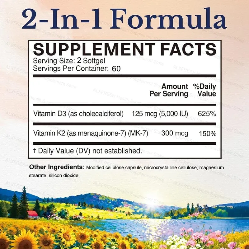 Κάψουλες βιταμινών D3K2 5000 IU 300 mcg για απορρόφηση ασβεστίου Οστά Δόντια Ανοσοποιητικό και υγεία της καρδιάς Μη ΓΤΟ — image 5