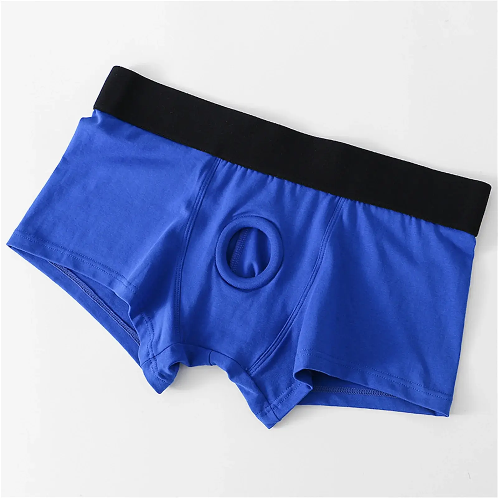 Men's Boxers Front Hole Pouch Underwear Silicone Cockring Sexy Boxershorts Wide Waistband Cotton Underpants Hollow Out Lingerie