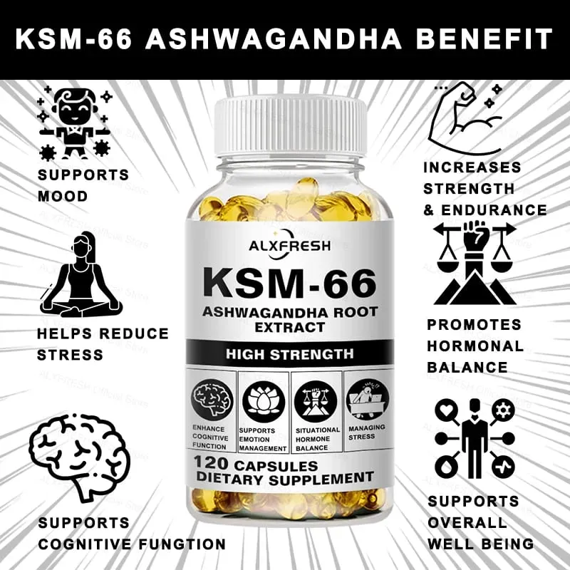 Φυσικό βιολογικό Ashwagandha KSM-66 Συμπληρώματα Κάψουλες για Ανακούφιση από Στρες Focus Brain Energy Support Συμπλήρωμα για την υγεία ύπνου — image 4