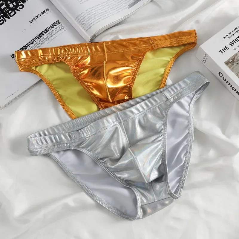 Metallic Shiny Briefs Men Low Rise High Stretch Slim Panties Laser Silver Gold U Convex Underpant Night Club Performance Knicker — image 3