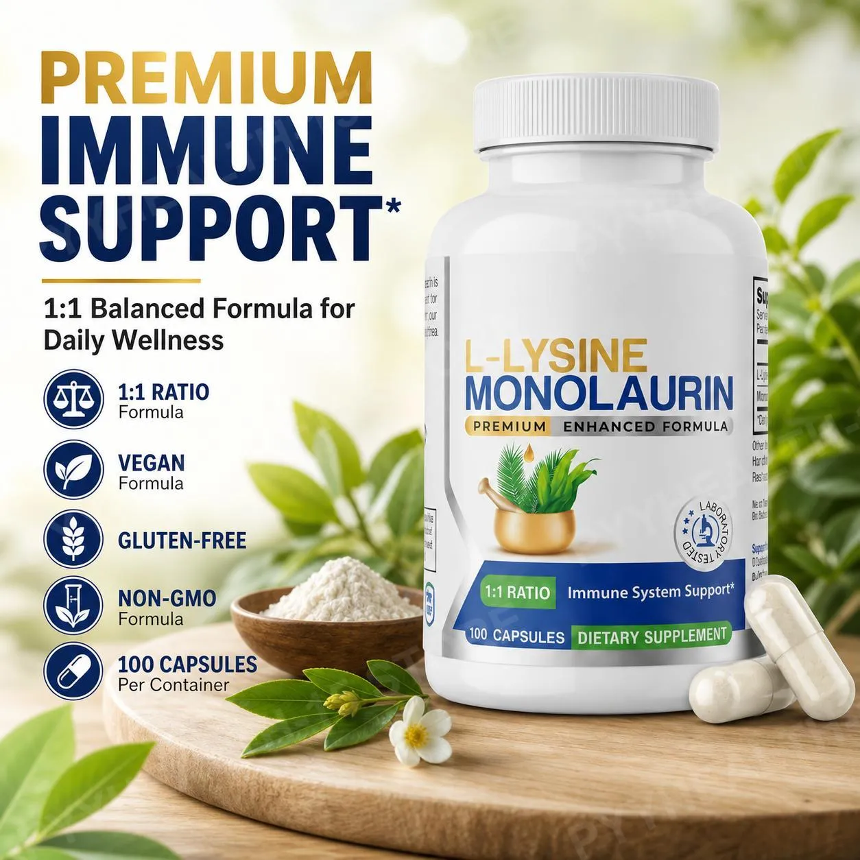 L-lizin HCl és monolaurin 1:1 arányú kapszula Immun Wellness Napi védekezés és egyensúly támogatás 600 mg, egyenként 100 Szám — image 1