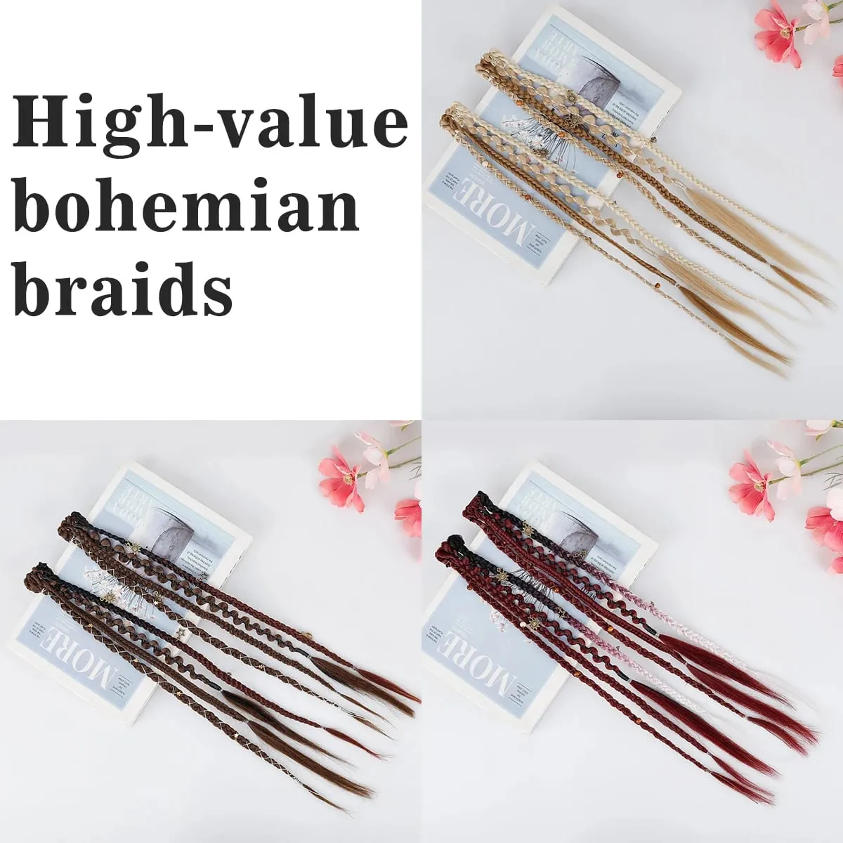 Boho Ombre bordó fonott lófarok hajhosszabbító szintetikus fonatok bohém viking hajdarabokkal női farsangi partikra — image 4