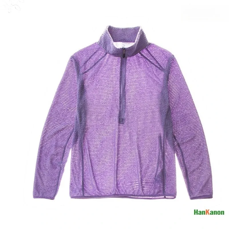 Moletom masculino com gola alta e meio zíper, camada base versátil de lã de ar para acampamento ao ar livre, caminhadas, ciclismo