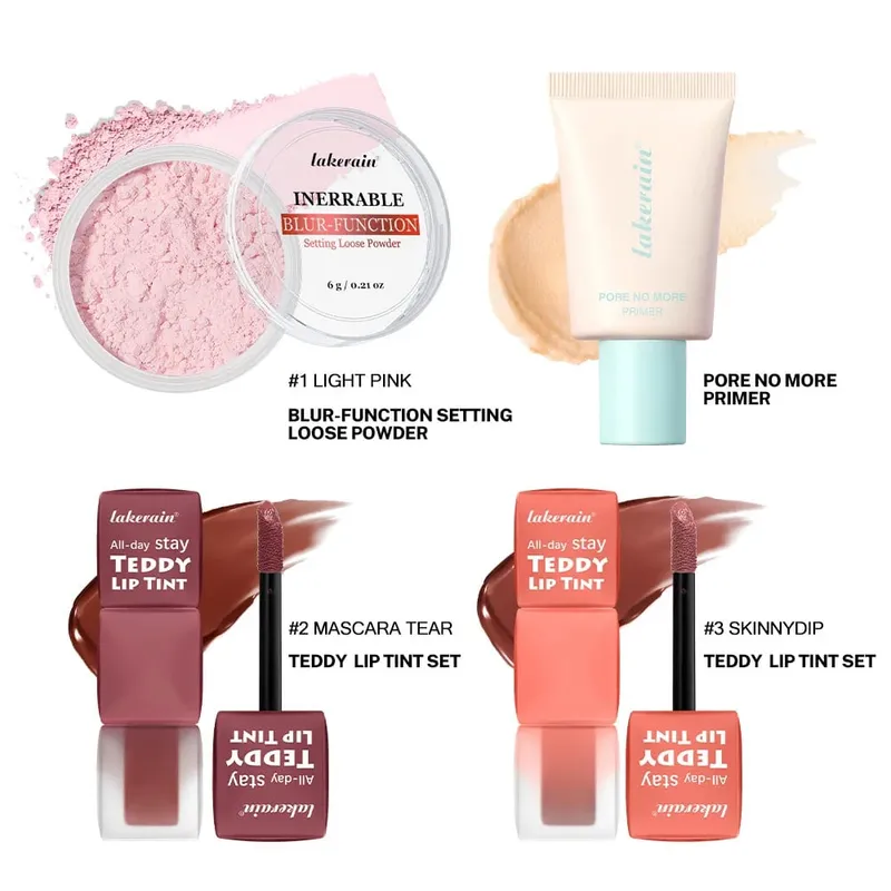 4 τμχ/σετ Pore No More Primer + Lip Tint + Loose Setting Powder Σετ μακιγιάζ Ματ μακράς διαρκείας αδιάβροχο εφέ Ταξιδιωτικό φορητό — image 5