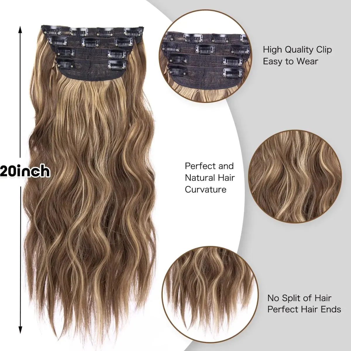 Leeons Wavy Clip In Hair Extensions 4 τμχ Φυσικά μαλακά μακριά κυματιστά Hairpieces Χοντρό διπλό κλιπ υφαδιού σε επεκτάσεις μαλλιών για γυναίκες — image 5