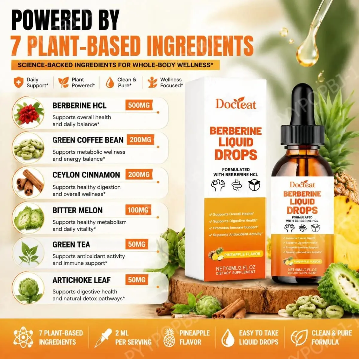 Docteat Berberine HCl Folyékony cseppek Támogatják az emésztés egészségét ceyloni fahéjjal és zöld kávébab ananász ízesítéssel 60 ml — image 4