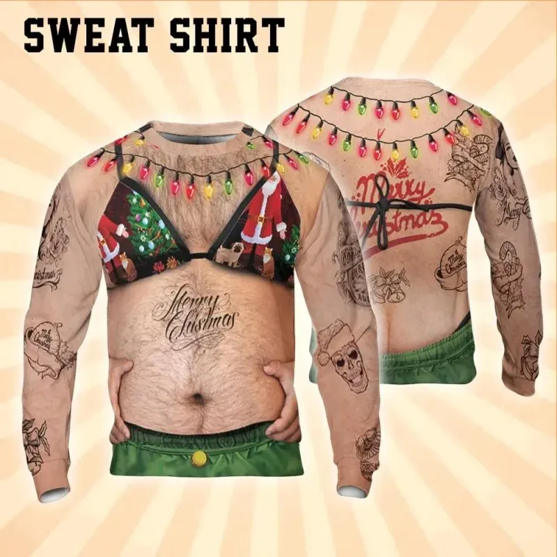 3D Print Ugly Christmas Sweatshirts For Men Women Santa Claus Pattern Long Sleeves Casual Festival Loose Pullover O-Neck Hoodies