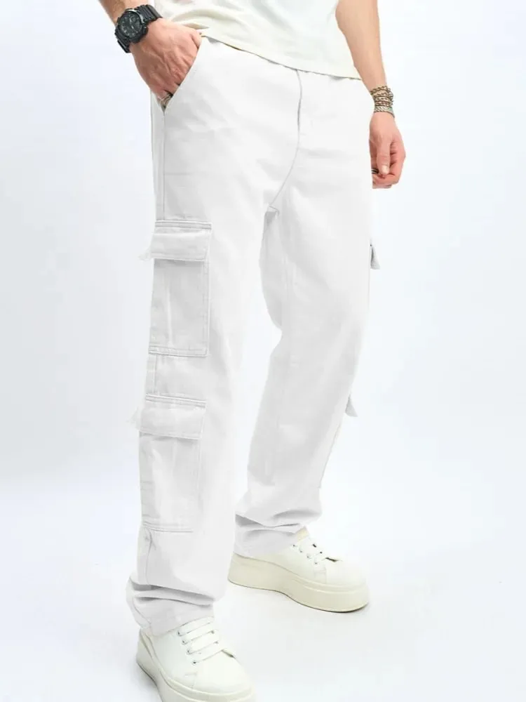 Mens Multiple Pockets Cargo Loose Jeans Streetwear Straight Casual Outdoor Trousers Male Clothing Fashion Denim Pants White