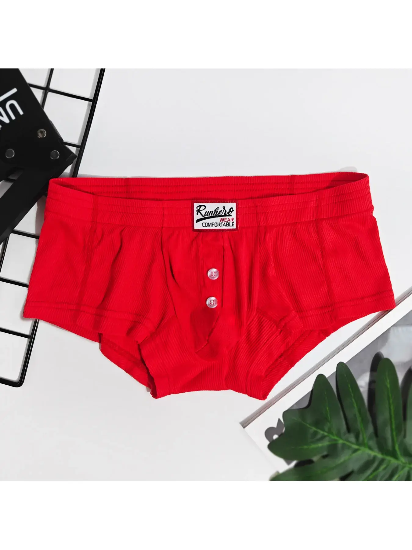 Men's Flat Underwear, Made of Synthetic Viscose, High Elasticity, Raised, Button Decoration, Comfortable Slim Fit Solid Color