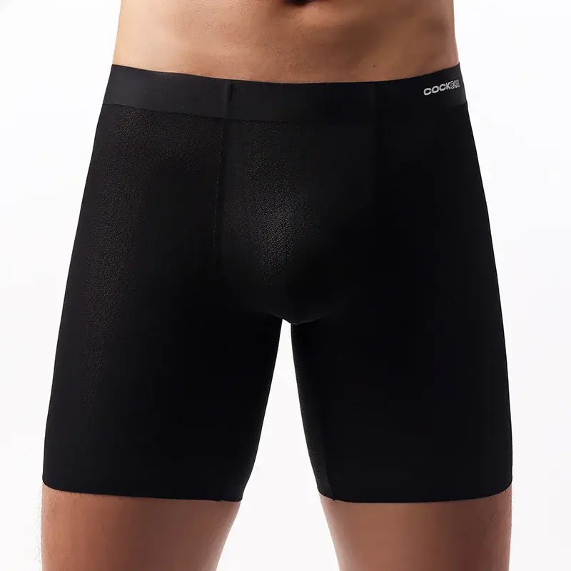 Calcinha boxer longa de seda gelo masculina, ultrafina, respirável, roupa íntima esportiva, sexy, transparente, secagem rápida, bolsa em u