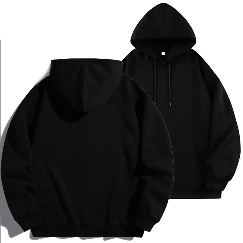 Diy logotipo personalizado preto moletom com capuz puro algodão de manga comprida pulôver casual topo para homem e mulher outono inverno moda