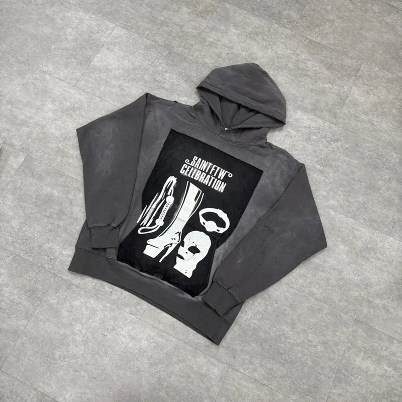 25FW Washed Grey SAINT Hoodies Men Woman Oversize Streetwear Damaged Hooded Pullovers Graphic Print Sweatshirts — image 4