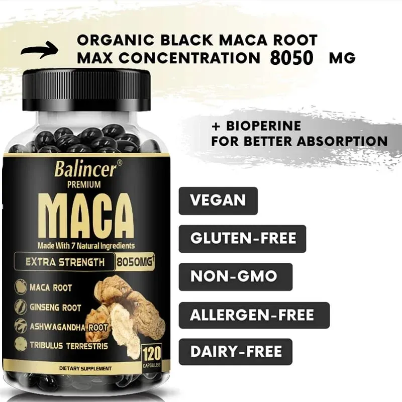 20X Natural Concentrated Extracts Black + Red + Yellow Maca Root Korean Ginseng Ashwagandha Maca Root Capsules 8050 Mg — image 4