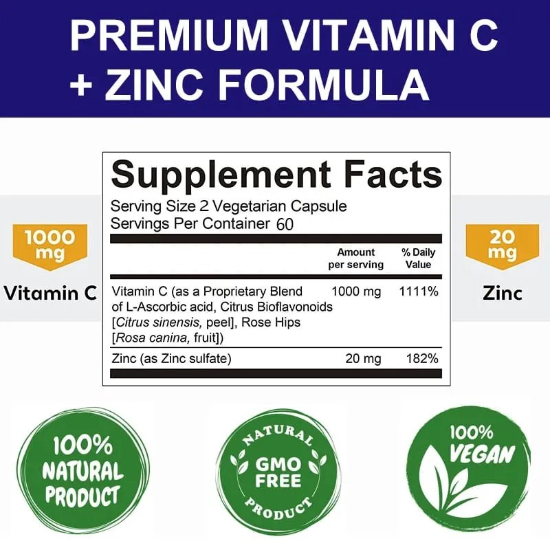 Vitamin C with Zinc Bioavailable Ascorbic Acid Zinc Oxide Non-GMO and Gluten-Free Supplement