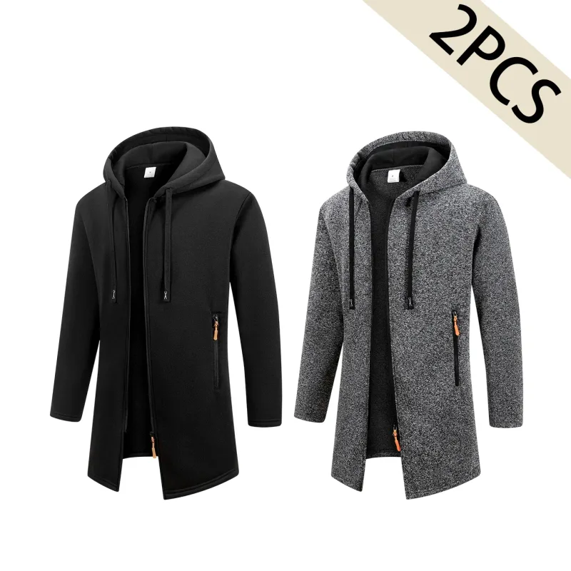 2Pcs Set Men Mid-Length Full Zip Hooded Jacket Fleece Lined Warm Coat with Drawstring Hood & Zipper Pockets Casual Outerwear for Fall Winter Daily Wear — image 20