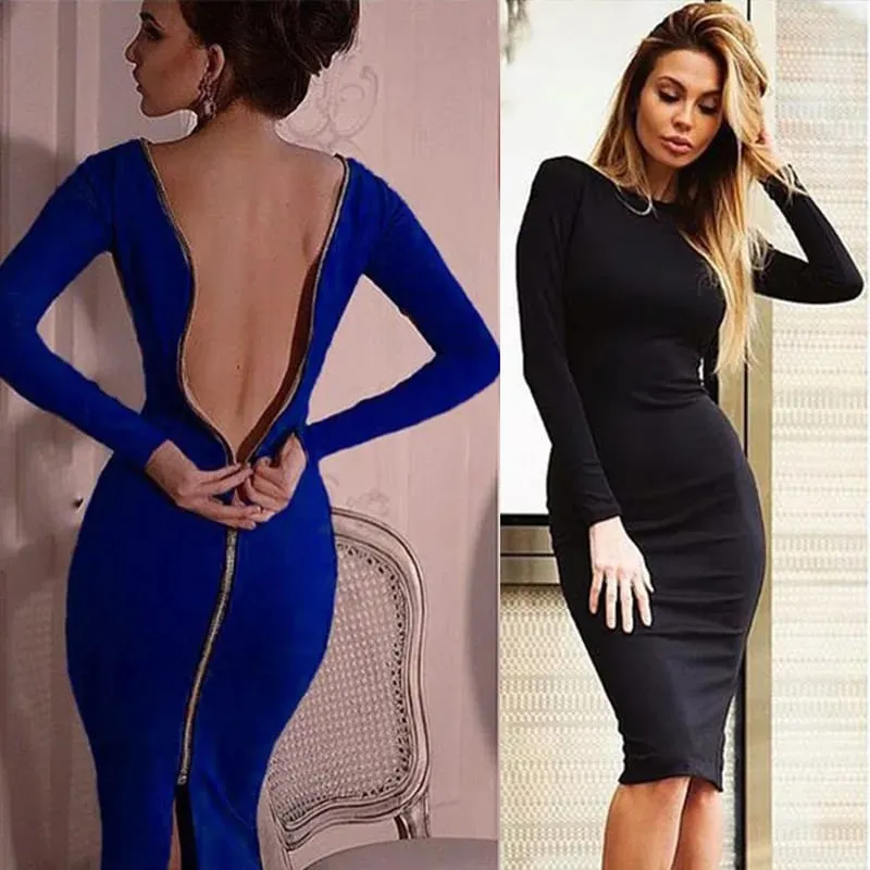 Ανοιξιάτικο νέο μεγάλο μέγεθος Bodycon φόρεμα Μονόχρωμο Στρογγυλή λαιμόκοψη μακρυμάνικο πίσω στενό φόρεμα με φερμουάρ Γυναικεία ρούχα D1240 — image 4