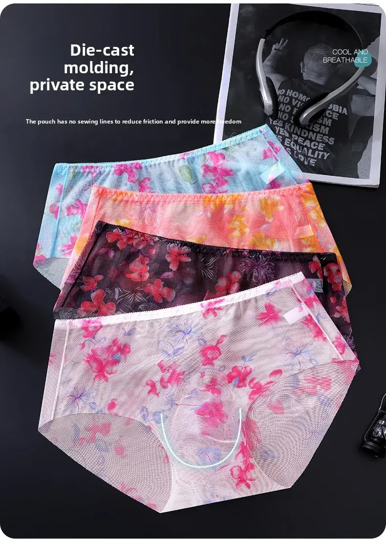 Men's 3D Space Capsule Molded Pouch Briefs Floral Print Sheer Mesh Ice Silk Ultra Thin High Elastic Male Underwear