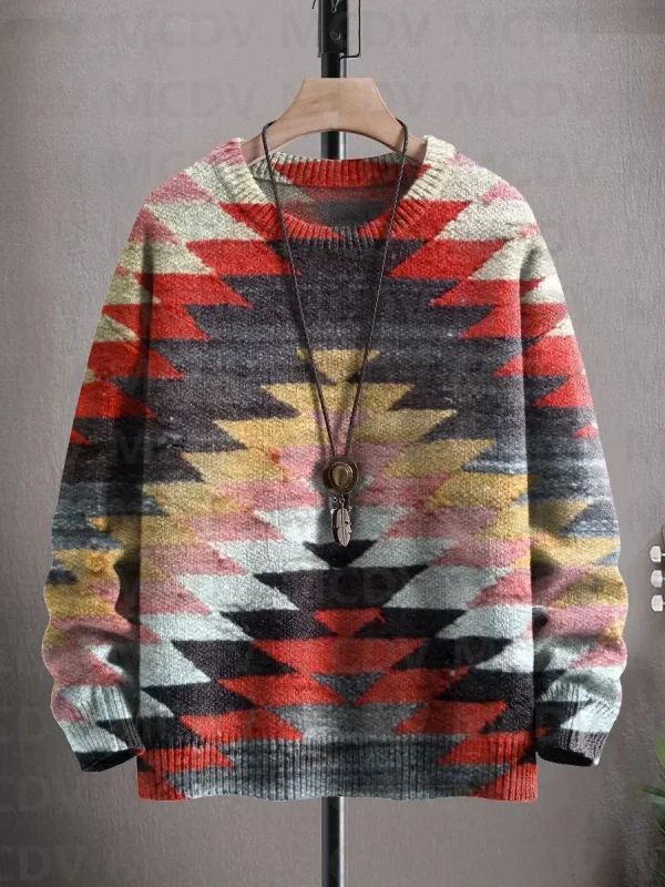 Suéter pulôver de malha com estampa vintage padrão feminino para homens