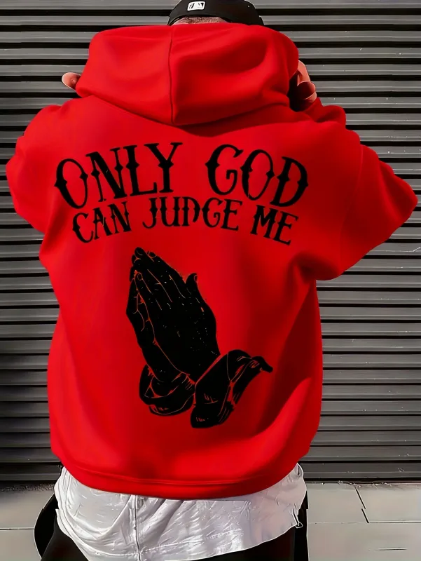Luvtröja "Only God Can Judge Me" för män Streetwear med praying hands Grafisk inspirerande tröja för vardagskläder — image 3