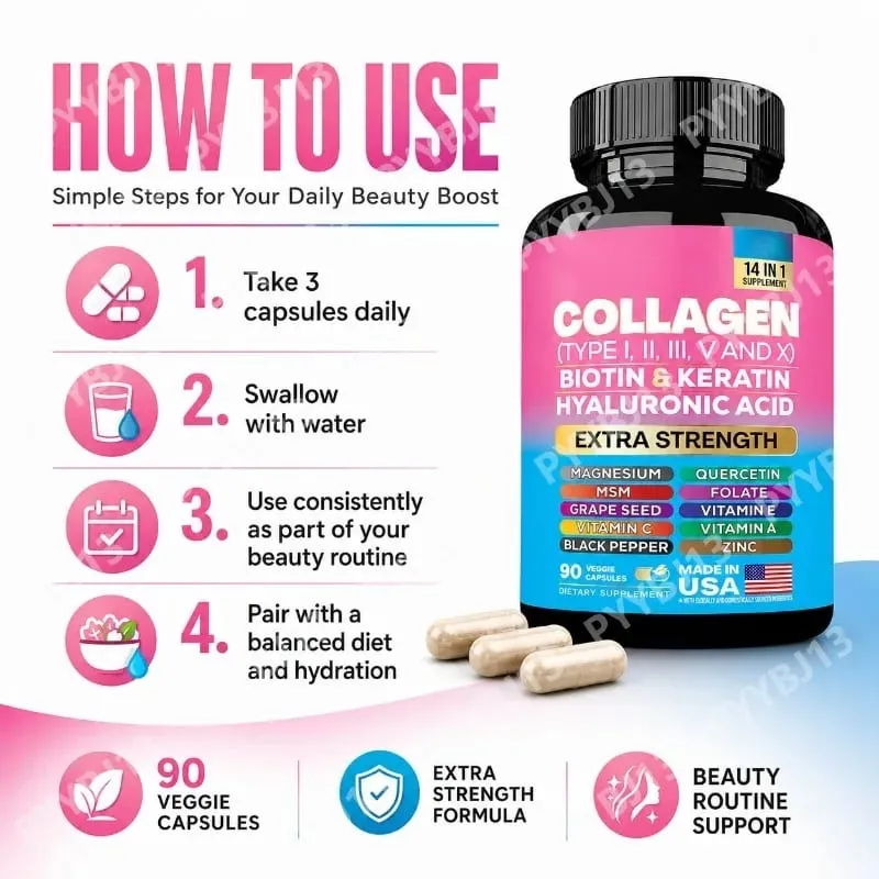 Collagen Biotin Keratin Hyaluronic Acid Capsules Extra Strength with Vitamin A C E and Zinc Skin Health 90 Capsules — image 2