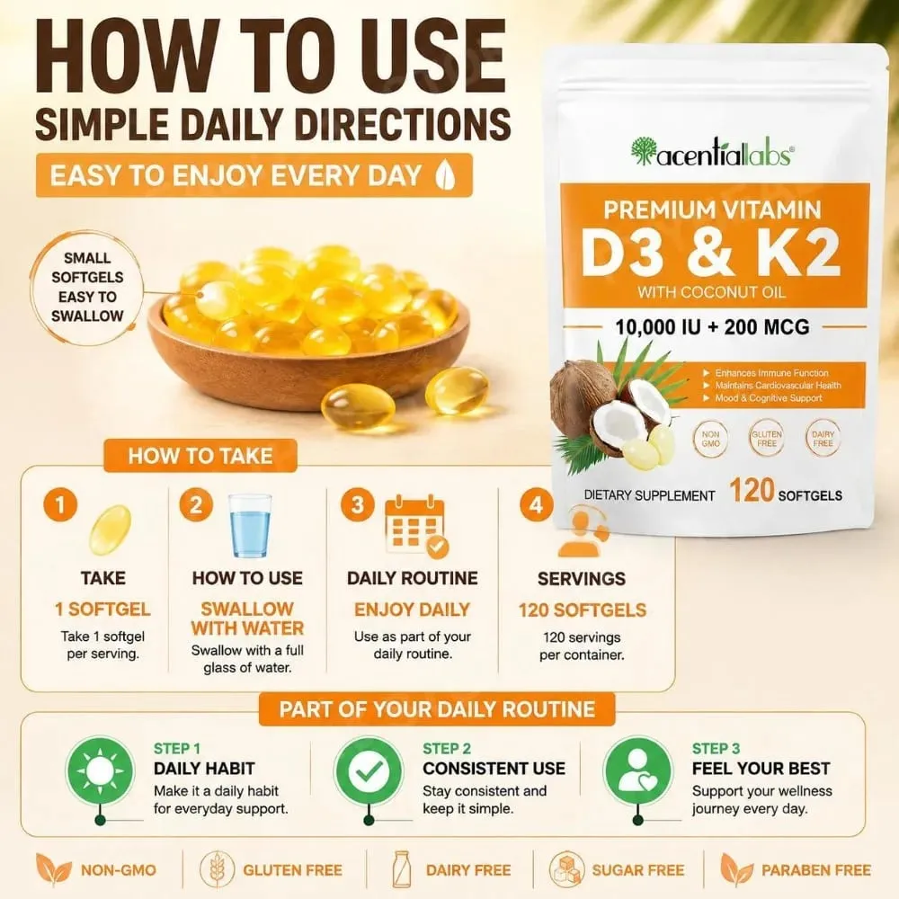 AcentiaLabs D3- és K2-vitaminos lágyzselé kókuszolajjal, immunfunkcióval és csonttámogatással gluténmentes, nem GMO 120 lágyzselé — image 6