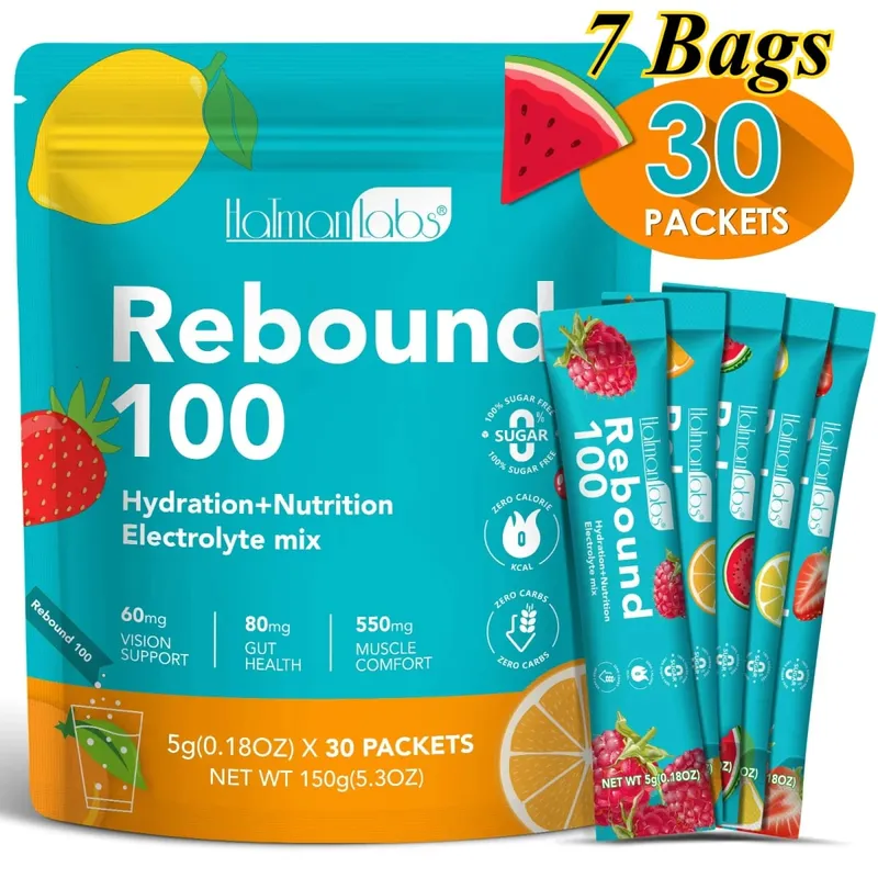 HolmanLabs Rebound 100 elektrolit-kiegészítő por, cukormentes hidratálás, béllátás, izom egészsége C-vitamin B6 B12 30 csomag — image 13