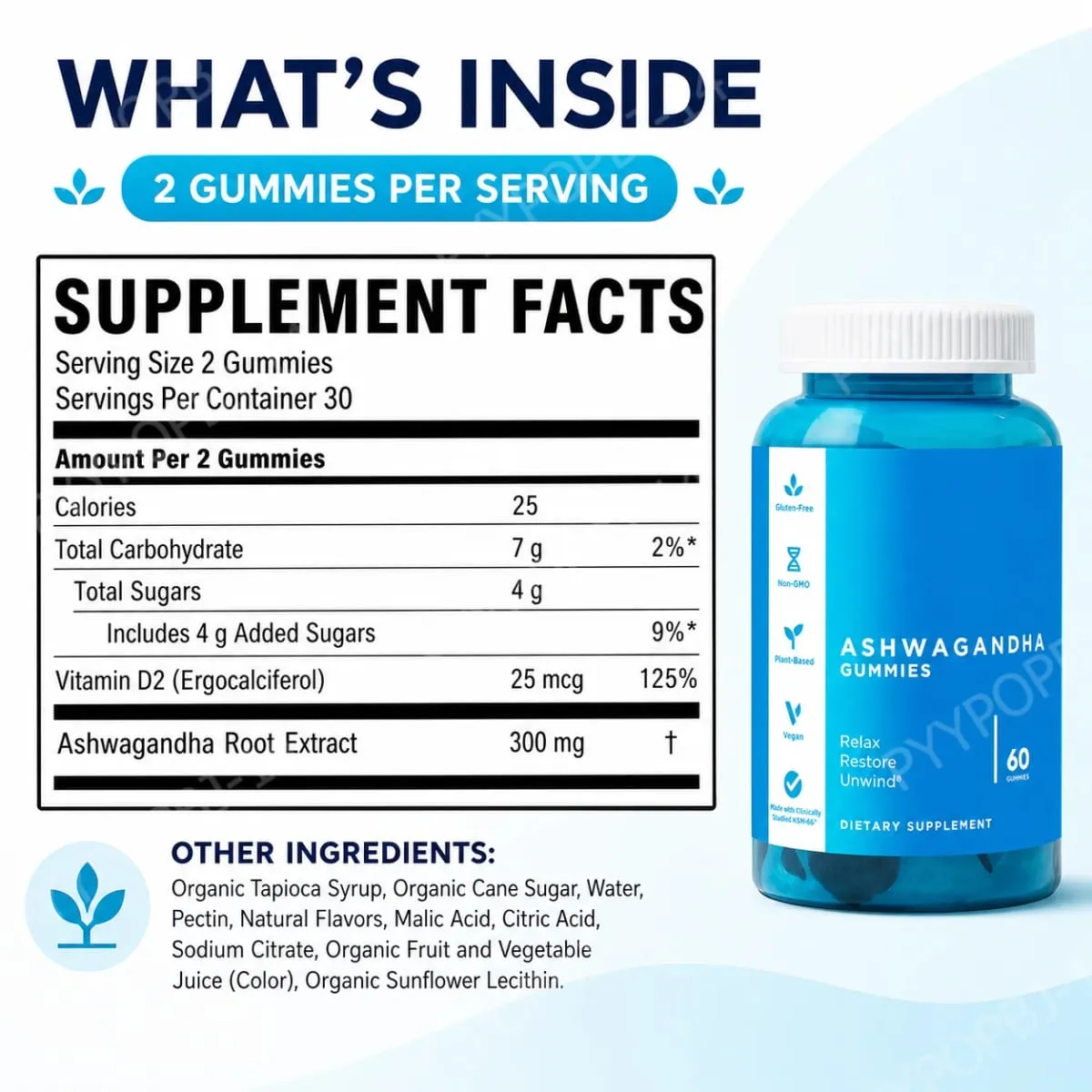 3 csomagos gumicukor készlet: Ashwagandha a stresszoldáshoz, bélegészségügyi probiotikumok + ACV Detox vegán gluténmentes kiegészítő 60 Ct egyenként — image 2
