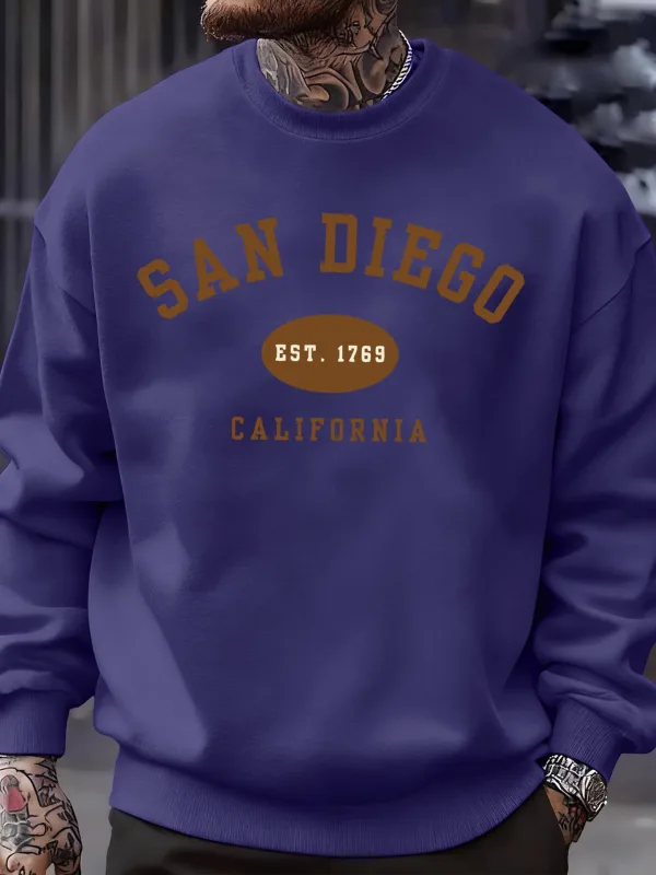 San Diego California Letter Printed Men Pullover Sweatshirts Soft Fleece Sweatshirt Crewneck Casual Clothes Oversized Streetwear