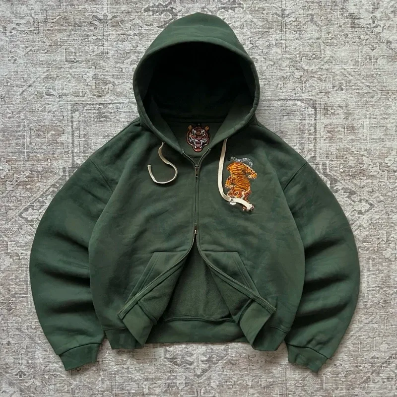 Y2k tigre garra bordado vintage duplo zíper solto moletom com capuz para homens e mulheres harajuku na moda casual estilo de rua
