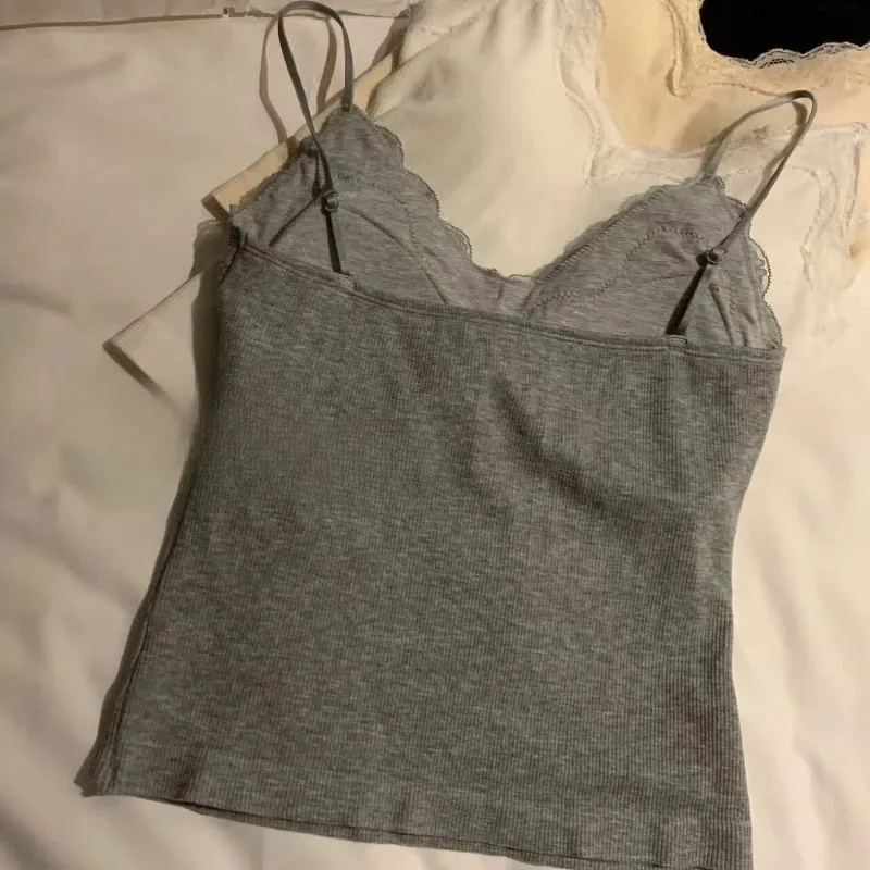 Women Sleeveless Tank Tops Solid Color Korean Version V Neck Slim Fashion Lace Stitching With Chest Pad Camisole — image 7