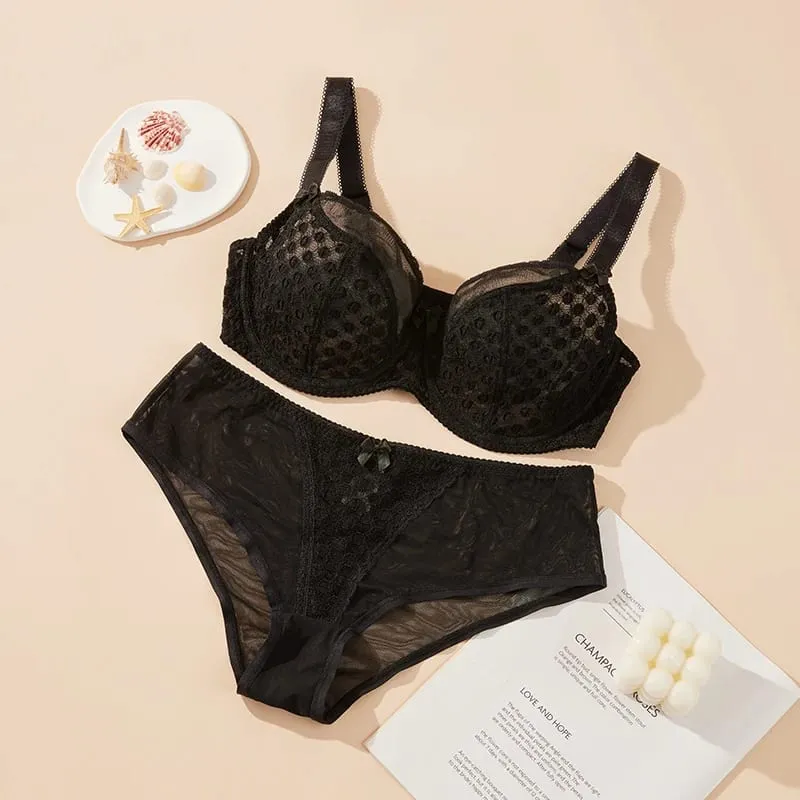 Női Curvy Plus Size Pöttyös hálós csipke melltartó bugyi szett Underwire Support Full Figur nagy kupa E F G H I Légáteresztő fehérnemű 2db
