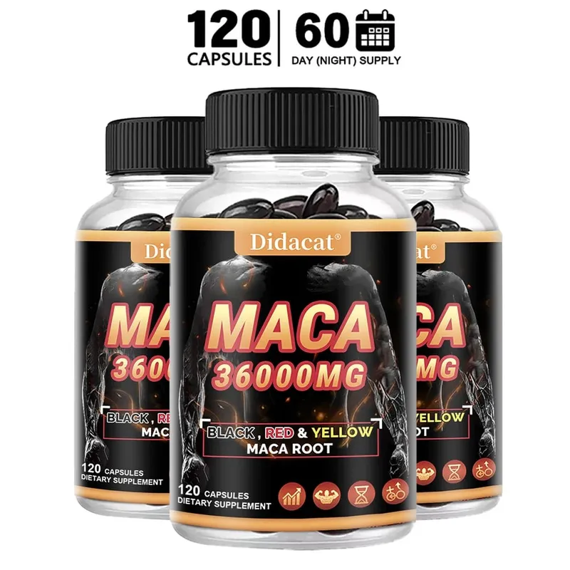 Organic Maca gyökérpor kapszula fekete + piros + sárga maca gyökér kivonattal férfiaknak és nőknek - 120 kapszula