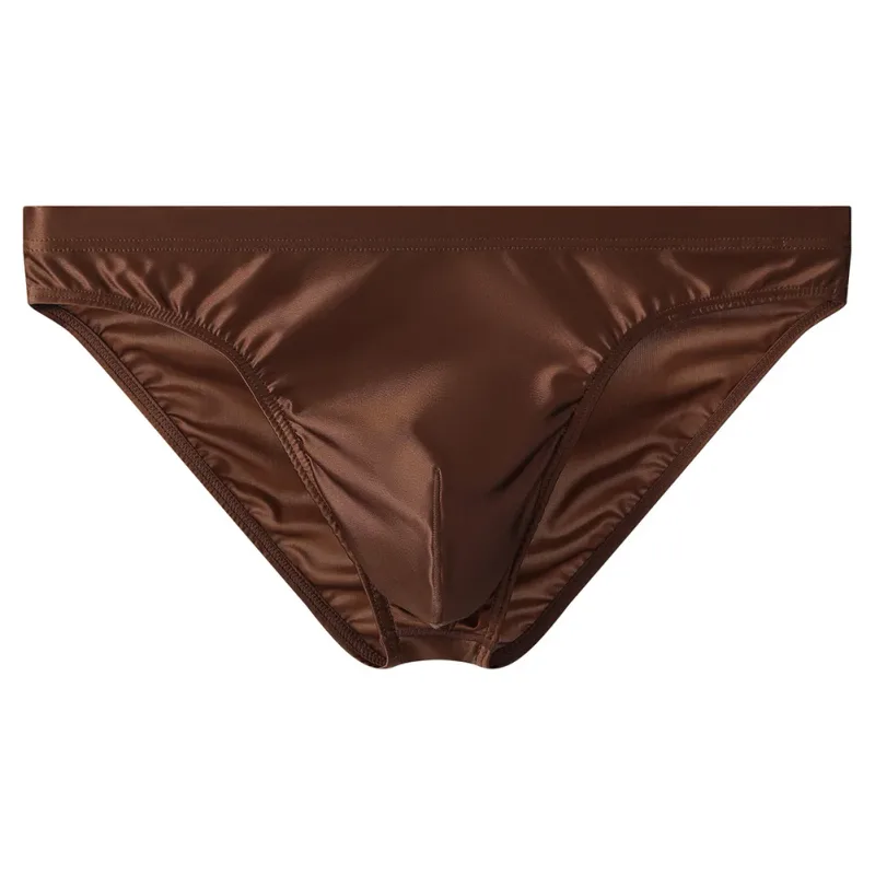Cueca de biquíni masculina luxuosa de cetim marrom, cintura alta elástica, suave e brilhante, com bolsa de contorno 3d, respirável, íntima
