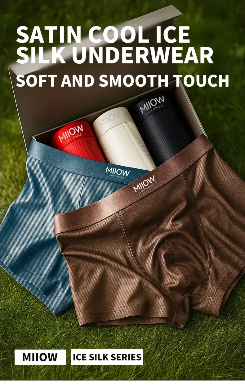 MiiOW 3Pcs Satin Cool Ice Silk Men Underwear Boxers 10A Antibacterial Men's Panties Summer Silky Breathable Man Underpants Boxer — image 1