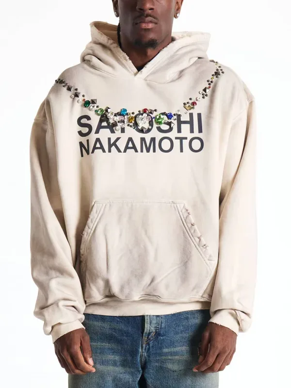 26SS Autumn Winter New Arrival Satoshi Nakamoto Hooded Sweatshirts Destructo Studded Washed Cotton Hooded Unisex Pullover — image 19