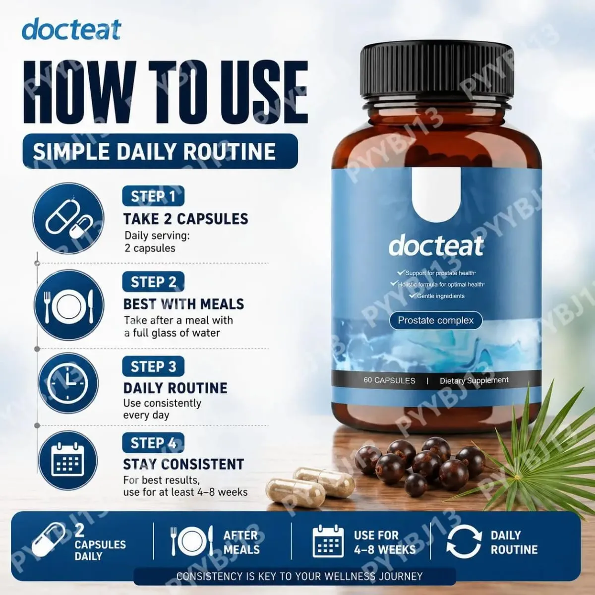 A Docteat Prostate Complex kapszulák támogatják a prosztata egészségét és a vizelet áramlását gyógynövényes Saw Palmetto és Pygeum 60 kapszulákkal — image 6