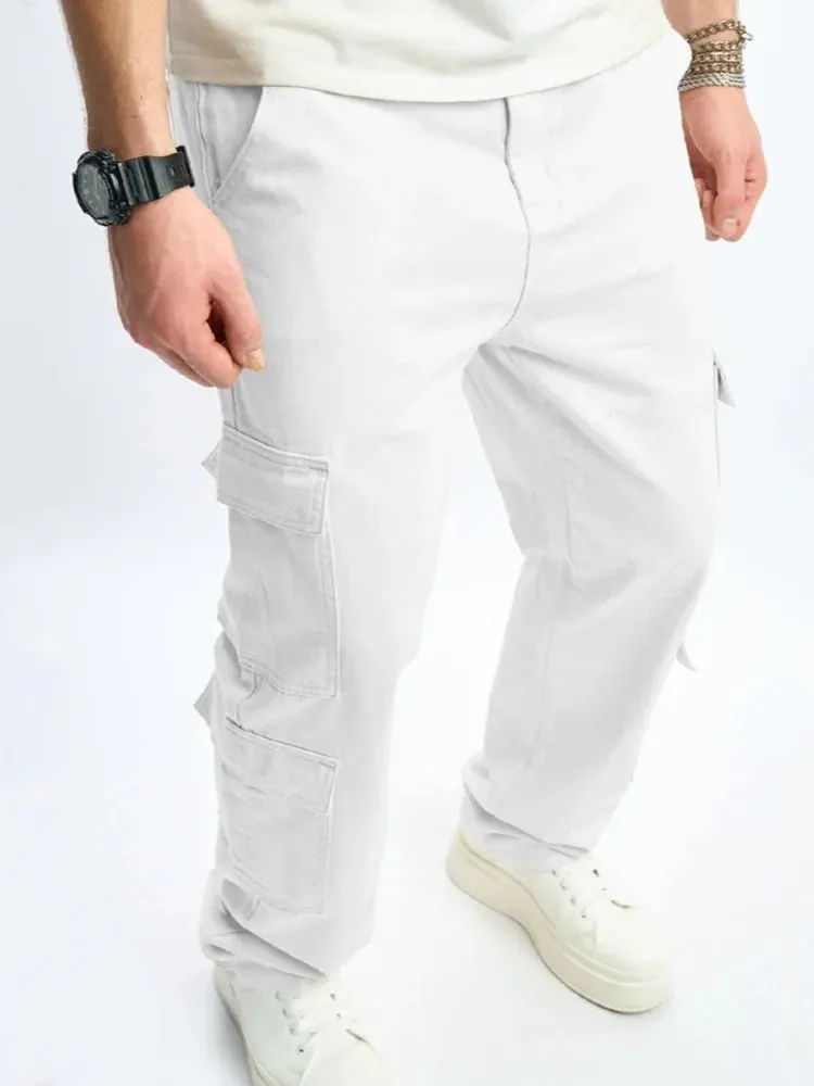 Mens Multiple Pockets Cargo Loose Jeans Streetwear Straight Casual Outdoor Trousers Male Clothing Fashion Denim Pants White