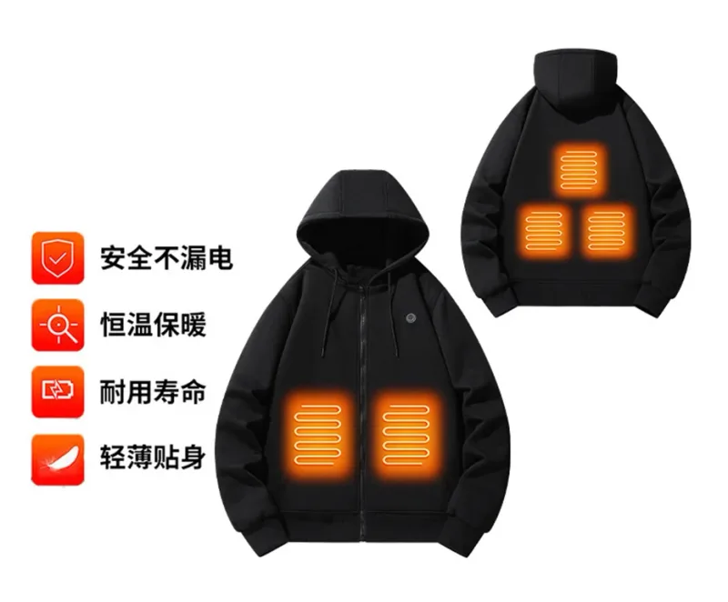 Hoodies de aquecimento usb masculino inverno elétrico aquecido hoodies jaquetas com zíper aquecido com capuz infravermelho 5 áreas de aquecimento jaqueta preto cinza — image 18