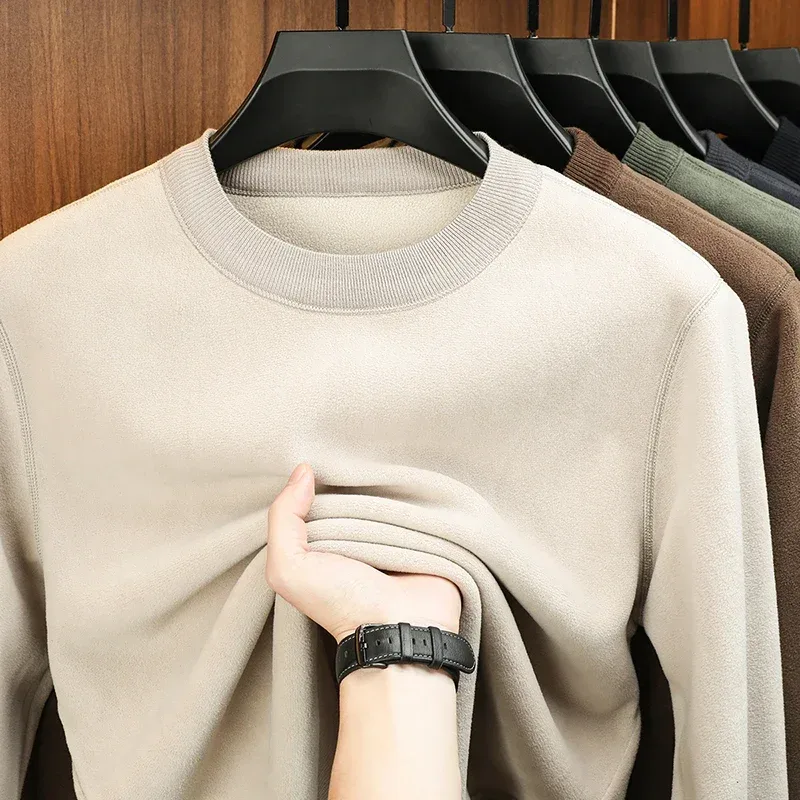 Moletom Com Capuz De Veludo Masculino Outono E Inverno Manga Comprida Pescoço Redondo Cor Sólida Moda Casual Versátil Top — image 6