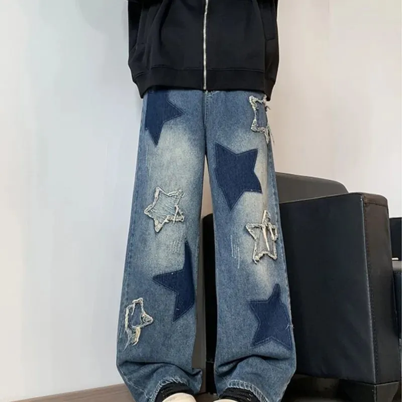 Farmer Férfi Egyenes csillag hímzés Patchwork őszi farmer Uomo széles lábú Hip-hop divat Ifjúsági semleges utcai viselet farmer nadrág — image 2