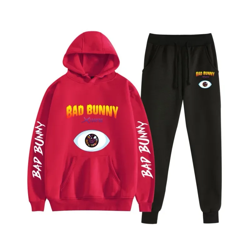 Harajuku confortável bad bunny impressão moletom moletom terno feminino hoodies + calças terno meninos/meninas 2 peça conjunto roupas — image 19