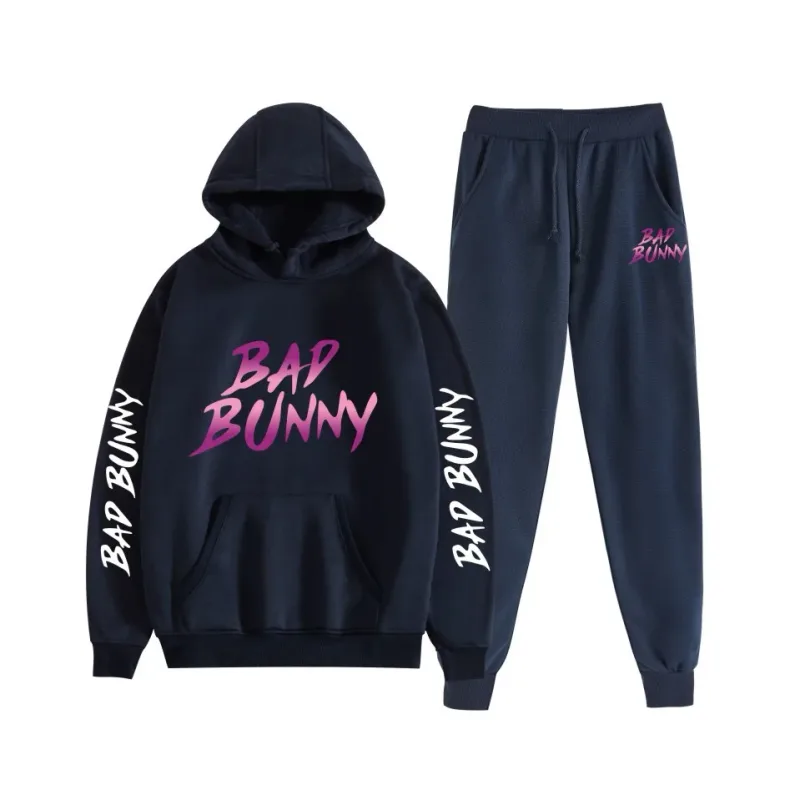 Harajuku confortável bad bunny impressão moletom moletom terno feminino hoodies + calças terno meninos/meninas 2 peça conjunto roupas — image 23