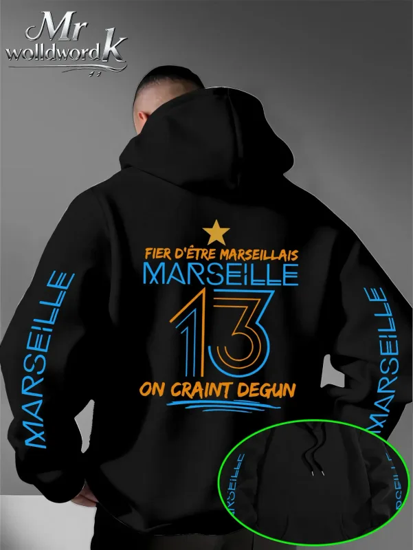 Män Marseille 13 City Graphic Hoodie Multi-Print Sleeve Back Letter Hooded Sweatshirt Höst Vinter Fleece Lös Hoodie