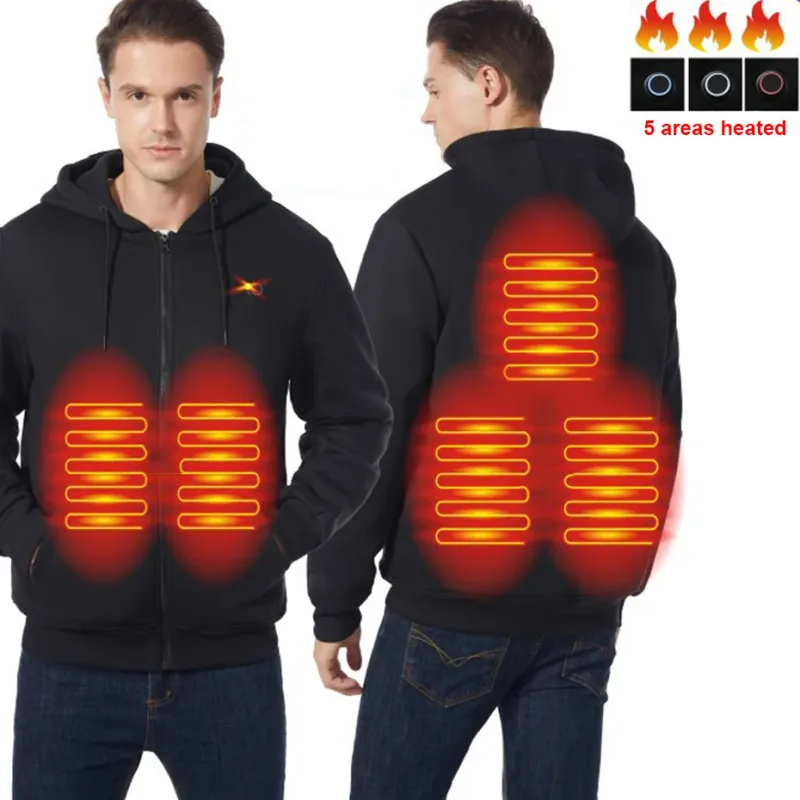 Hoodies de aquecimento usb masculino inverno elétrico aquecido hoodies jaquetas com zíper aquecido com capuz infravermelho 5 áreas de aquecimento jaqueta preto cinza — image 24