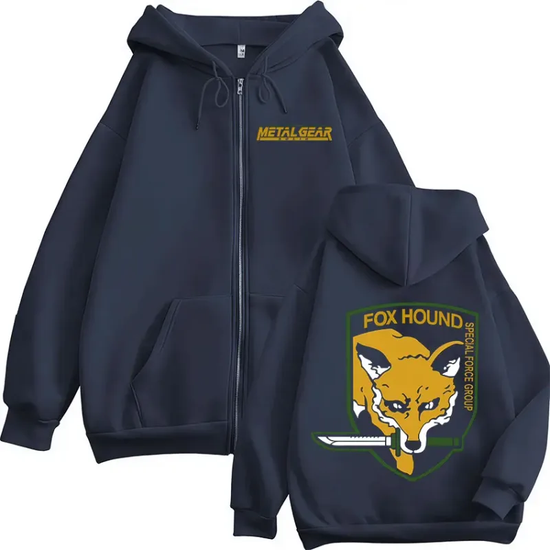 Engrenagem de metal sólido jogo fox hound logotipo impressão zíper hoodies roupas masculinas femininas moda pullovers zip up moletom com capuz jaquetas