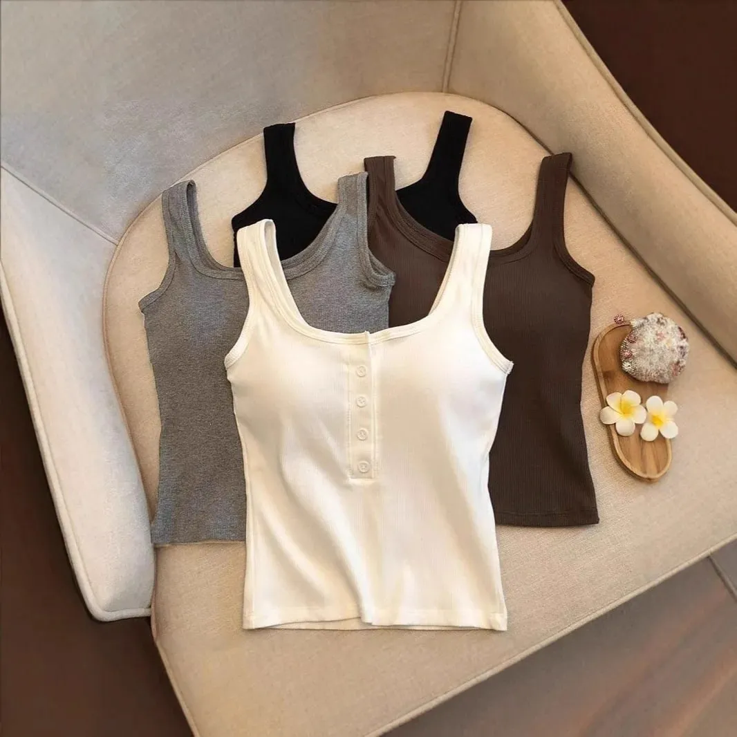 1Pcs Women's Ribbed Henley Tank Top Square Neck Button Front Built-in Bra Sleeveless Camisole