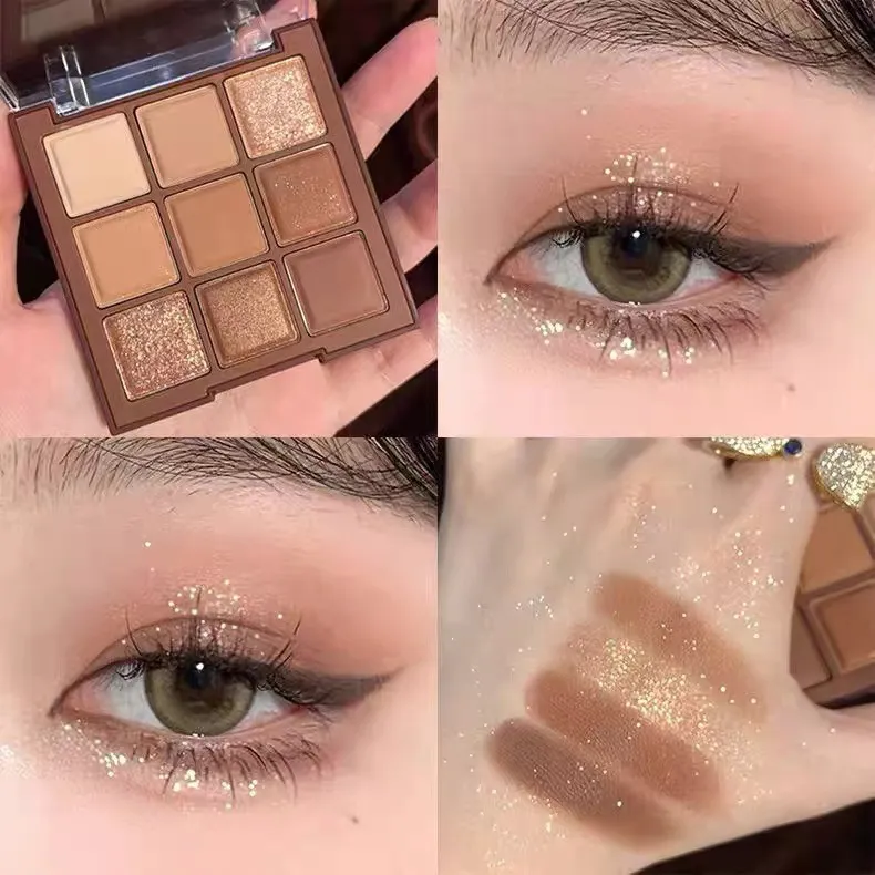 9 Colors Glitter Eyeshadow Palette Chocolate Brown Shimmer Matte Acrylic Eye Shadows Palette Waterproof Korean Makeup Cosmetics