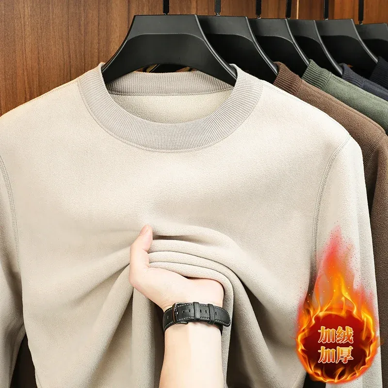 Moletom Com Capuz De Veludo Masculino Outono E Inverno Manga Comprida Pescoço Redondo Cor Sólida Moda Casual Versátil Top — image 12