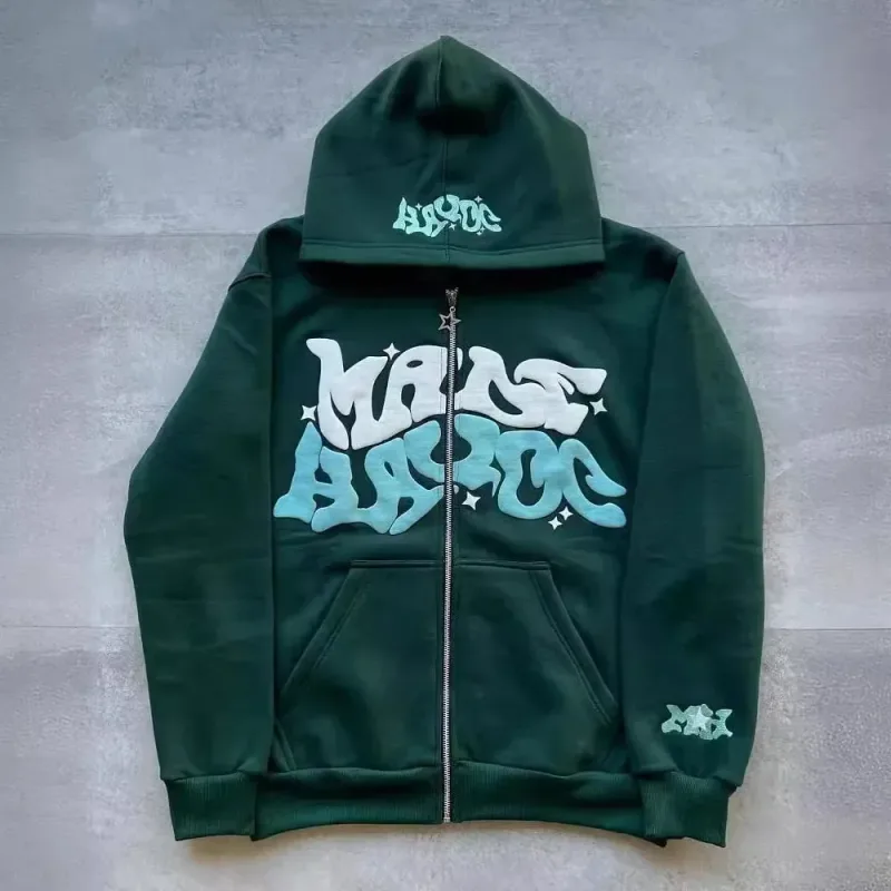 Moletom masculino retrô americano com zíper estampado com capuz unissex outono e inverno cardigan aberto — image 2